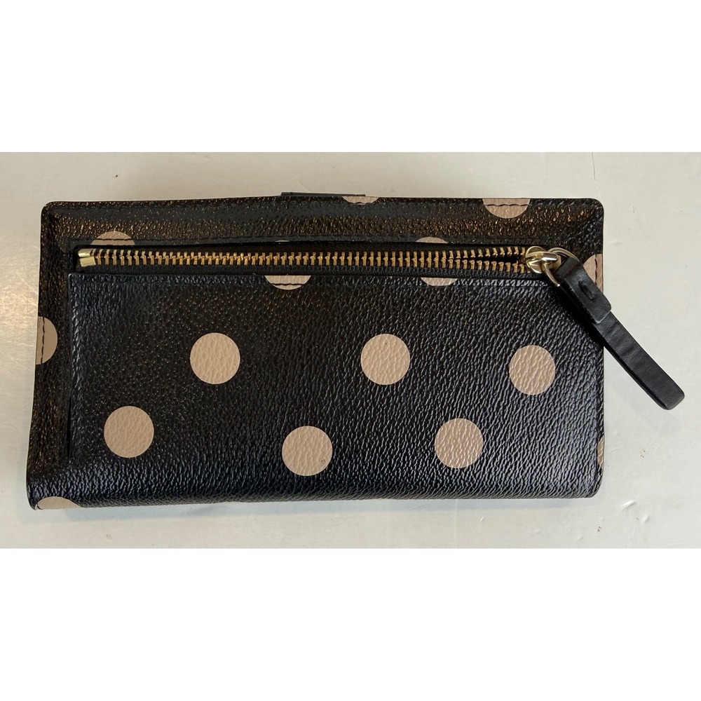 Kate Spade Polka Dot Slim Bifold Wallet Black/Cream Leather Zippered Pocket GUC - Picture 3 of 11